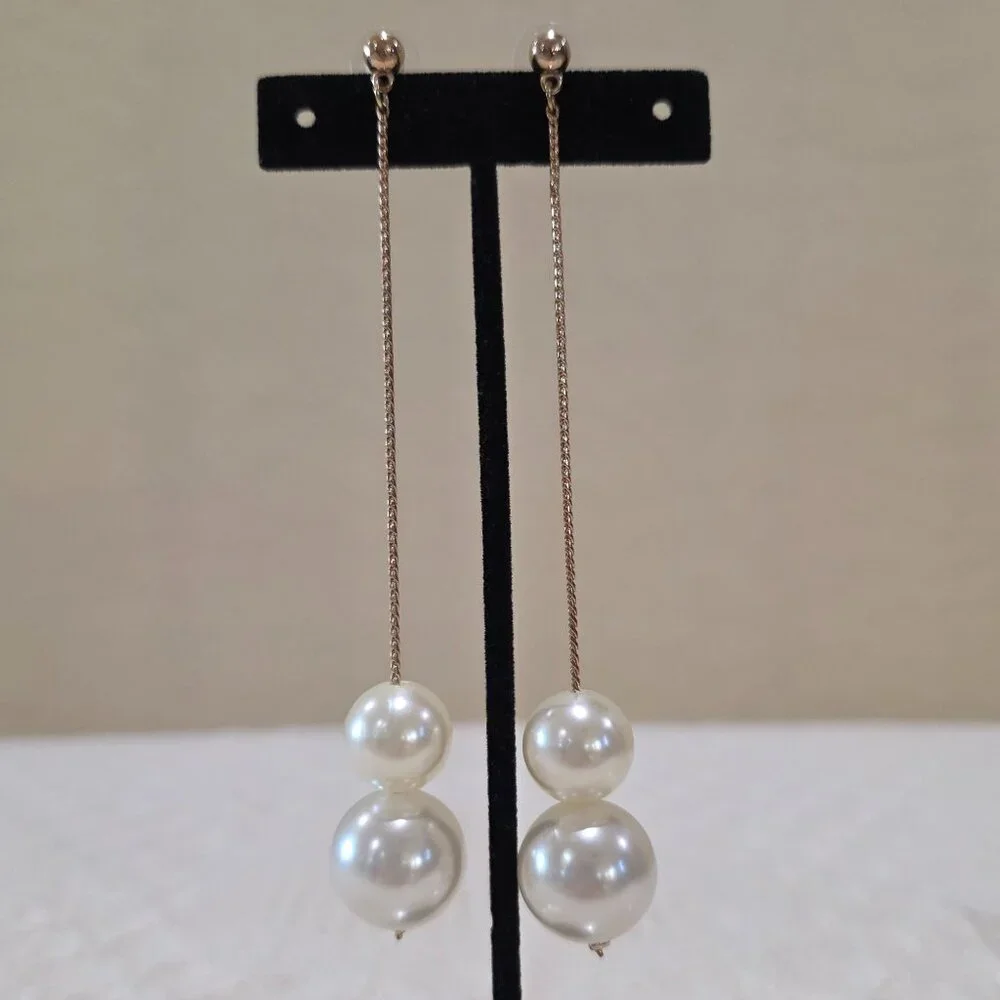 BP Nordstrom Long Two Faux Pearl Gold Chain Dangle Pierced Earrings
